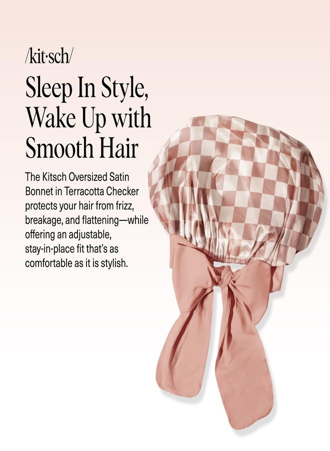 Kitsch XL Satin Bonnet for Sleeping - Softer Than Silk Hair Bonnet For Women - Secure Fit, Adjustable Night Cap For Curly & Textured Hair - Prevents Breakage, Tangles & Thinning - Terracotta Checker - Image 2